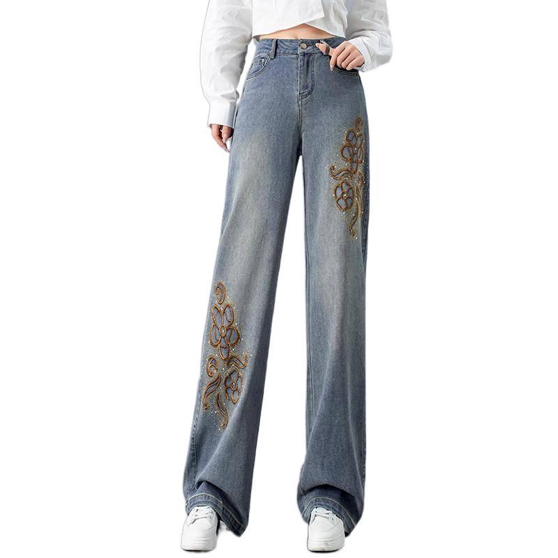 Narrow version wide-leg jeans women's summer new high-waisted loose national style embroidered straight tube drape pants