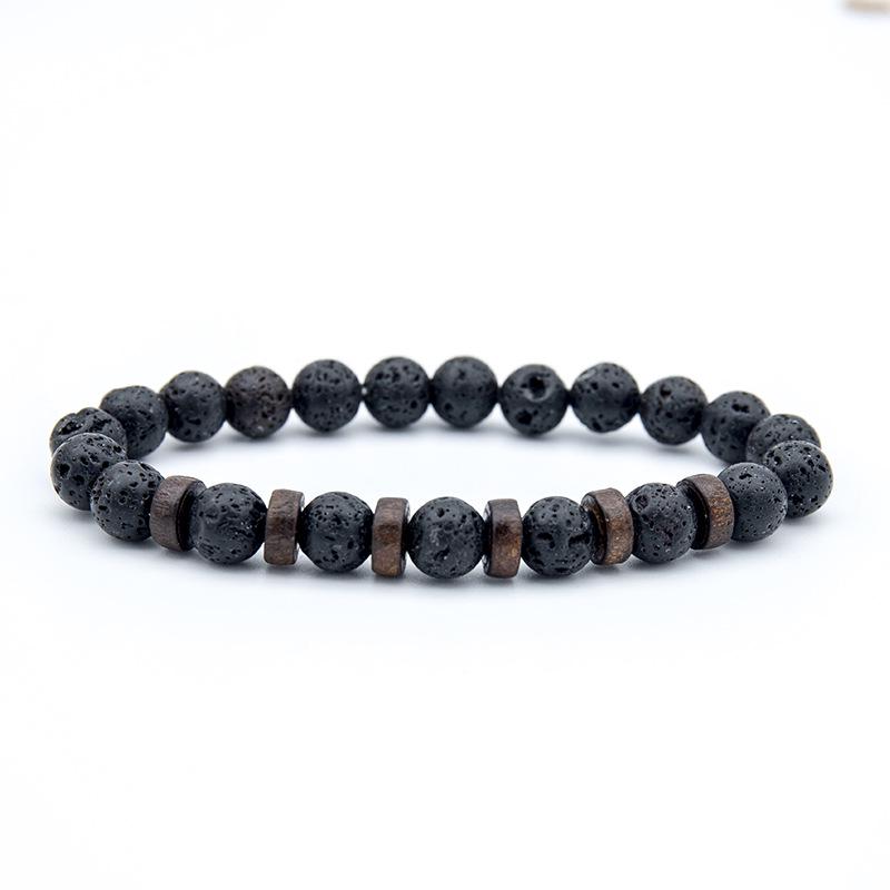 

European & American Men s Handmade Beaded Bracelet: Volcanic Stone & Wood Bead
