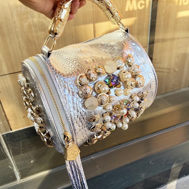 Handmade Ruffled Pillow Bag for Women  Casual Silver Bucket  Messenger Shoulder Bag
