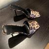 Women's Stiletto Sandals Summer New Square Head Leopard Print Suede Cover Foot Slip-resistant Wear Slippers