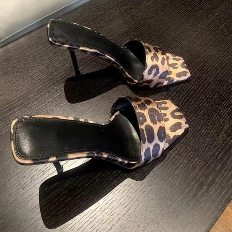 Women's Stiletto Sandals Summer New Square Head Leopard Print Suede Cover Foot Slip-resistant Wear Slippers
