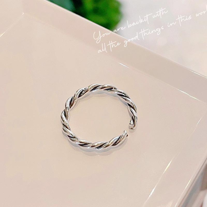 S925 Sterling Silver Retro Distressed Twist Rope Ring for Women—Versatile Woven Index or Pinky Ring Adjustable Open