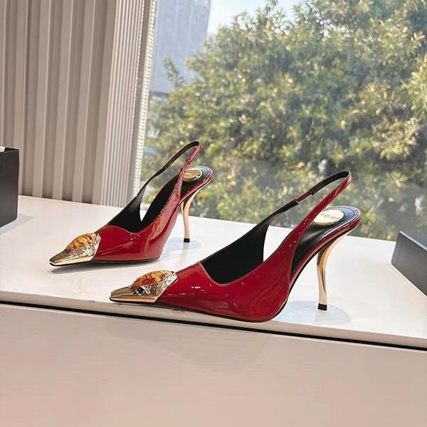 2025 spring and summer French high-end sexy square head single shoes metal iron head stiletto high heels rhinestone rear empty sandals