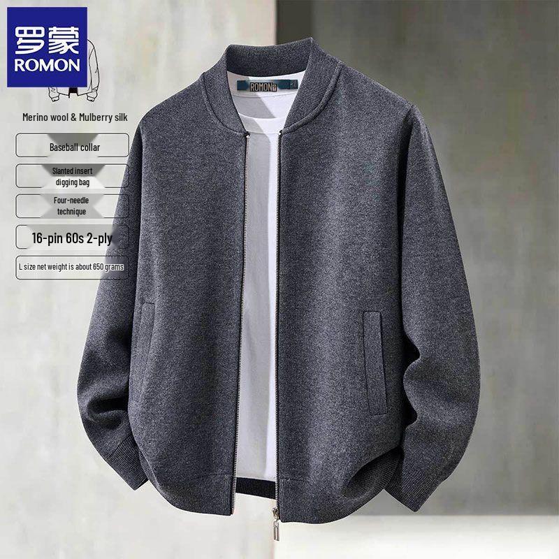 ROMON Men's Wool Silk Blend Baseball Collar Knit Cardigan