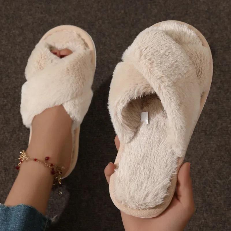 Simple Cross Strap Plush Slippers Women Lightweight Fluffy Fur Home Slippers Woman Faux Fur Flat Heel Couple Slides Plus Size 43