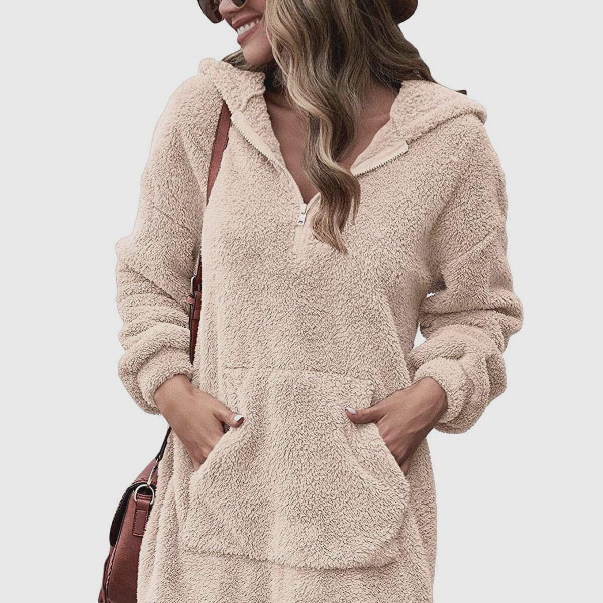 2024 Новая женская двухсторонняя флисовая куртка с капюшоном свободная молния плюшевый карман свитер S хаки 1798₽