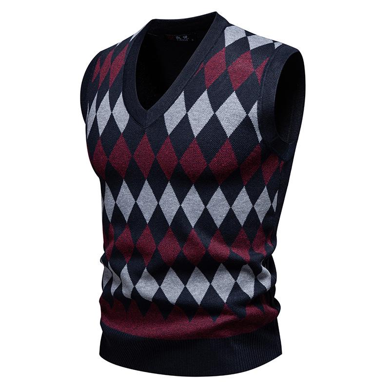 Men's Trendy V-Neck Plaid Color Block Knit Vest - Autumn/Winter Casual Warm Layer