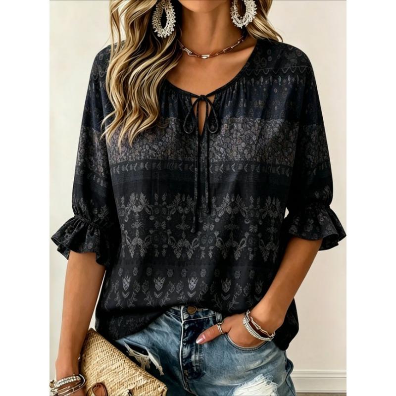 Women's Rust Red Botanical Print Tie Neck Blouse, Casual Loose Tops for Spring Summer Daily Wear & Vacation Occasions