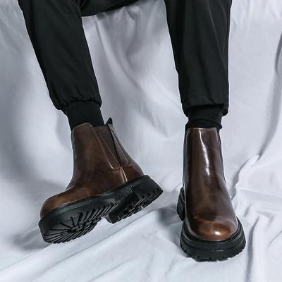 Stivaletti alla caviglia con punta tonda di qualità di lusso maschile, stivali Chelsea da uomo con plateau e suola spessa, stivaletti corti in pelle, moda streetwear