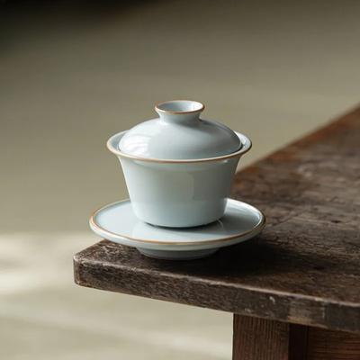 80ML High End Azure Ru Kiln Ceramic Gaiwan Elegant Three Talent Hand Grip Tea Tureen Tea Maker Cover Bowl For Tea Ornaments Gift