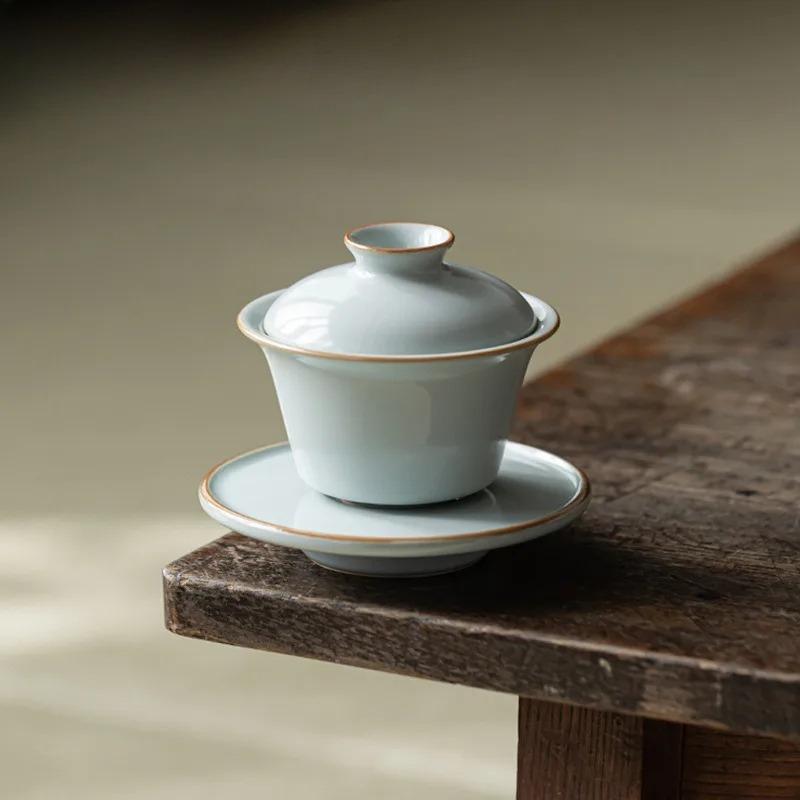 80ML High End Azure Ru Kiln Ceramic Gaiwan Elegant Three Talent Hand Grip Tea Tureen Tea Maker Cover Bowl For Tea Ornaments Gift