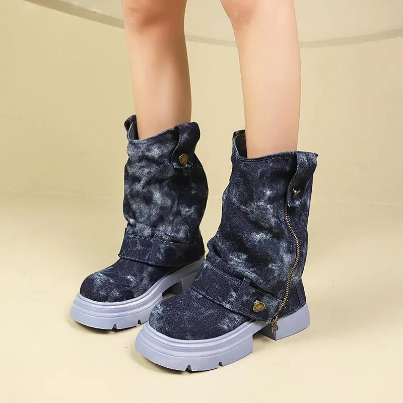 

Модная обувь женская 2024 горячая распродажа слипоны женские сапоги модные на молнии современные сапоги женские высокое качество заклепки круглый носок полусапоги 40 синий