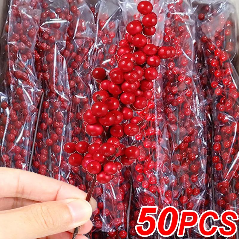 50/1pcs Christmas Red Holly Berry Stem Artificial Berries Branches DIY Flowers Plant Garland New Year Party Home Decor Ornaments
