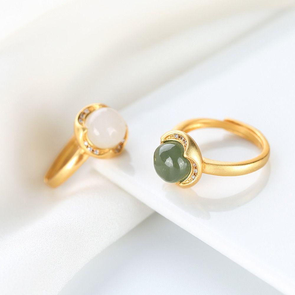 Green Geometric Finger Buckle  Beads Ring   Ring Women Open Ring Chinese Style Ring