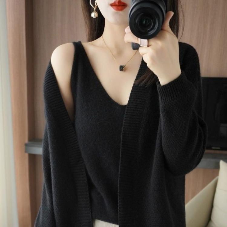 Two Piece Set Women Solid Color Knit V Neck Sweater Cardigan Fashion Versatile Autumn Winter Outerwear