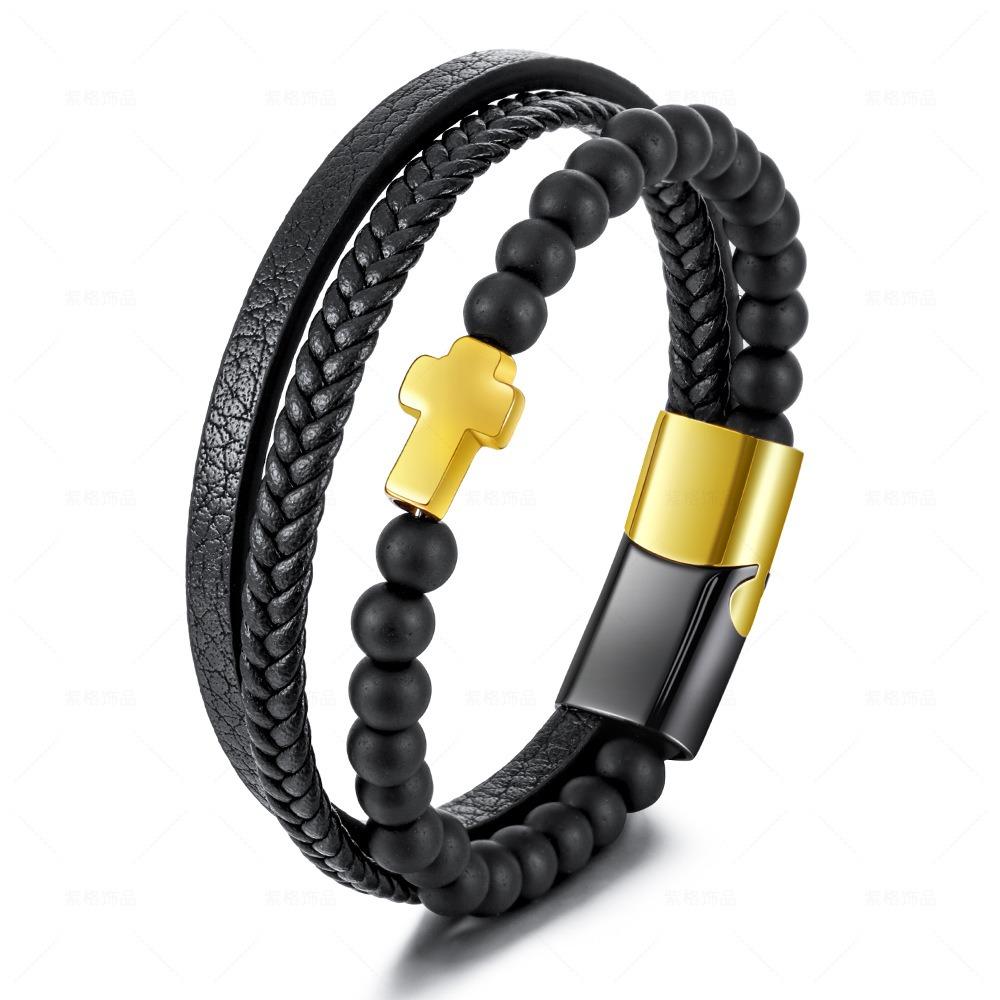 Stainless Steel Natural Tiger Eye Agate Cross Bracelet Men's Titanium Steel Multi-layer Woven Leather Bracelet