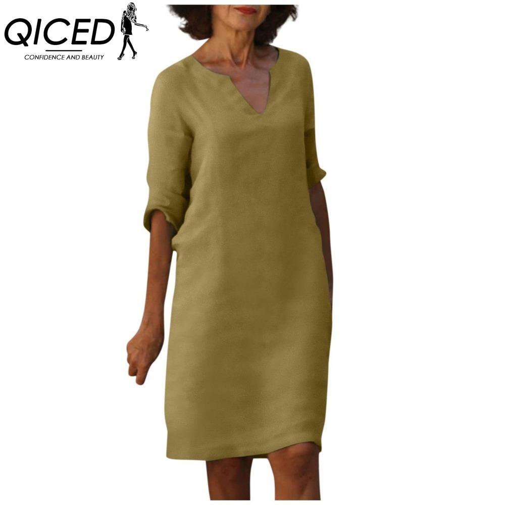 QICED Women Summer Solid Color Cotton Linen Retro V-Neck Short Sleeve Dress Lightweight Breathable Dress