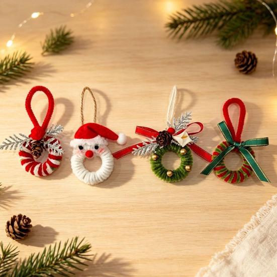 Süße saisonale Partygeschenke Handgefertigter Pfeifenreiniger Weihnachtsdekoration, Fertige Chenille-Stiele Kranz Bastelarbeiten Baumschmuck mit Tannenzapfen und