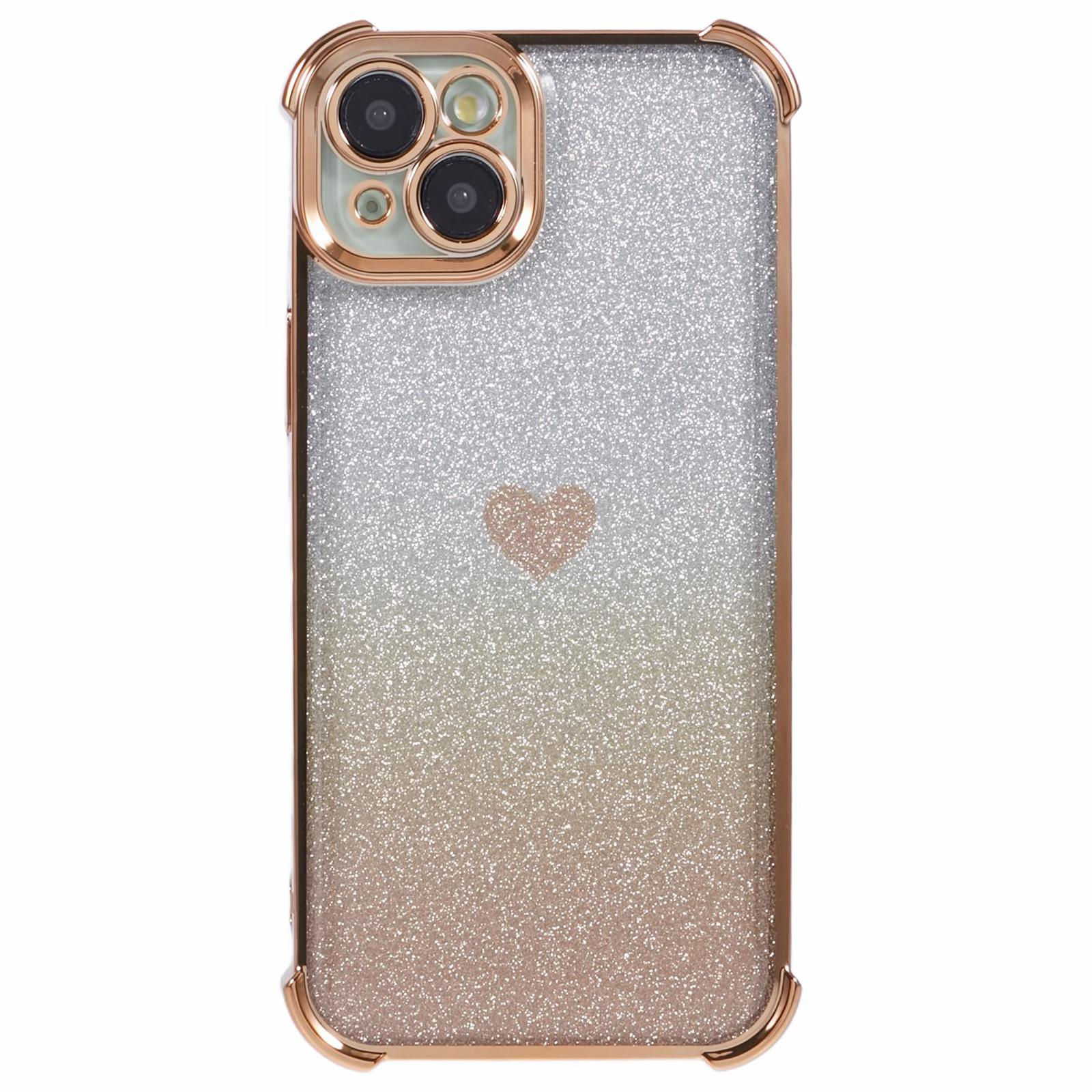 

For iPhone 14 Drop Protection Phone Case Heart Pattern TPU Glittery Powder Phone Cover Gold