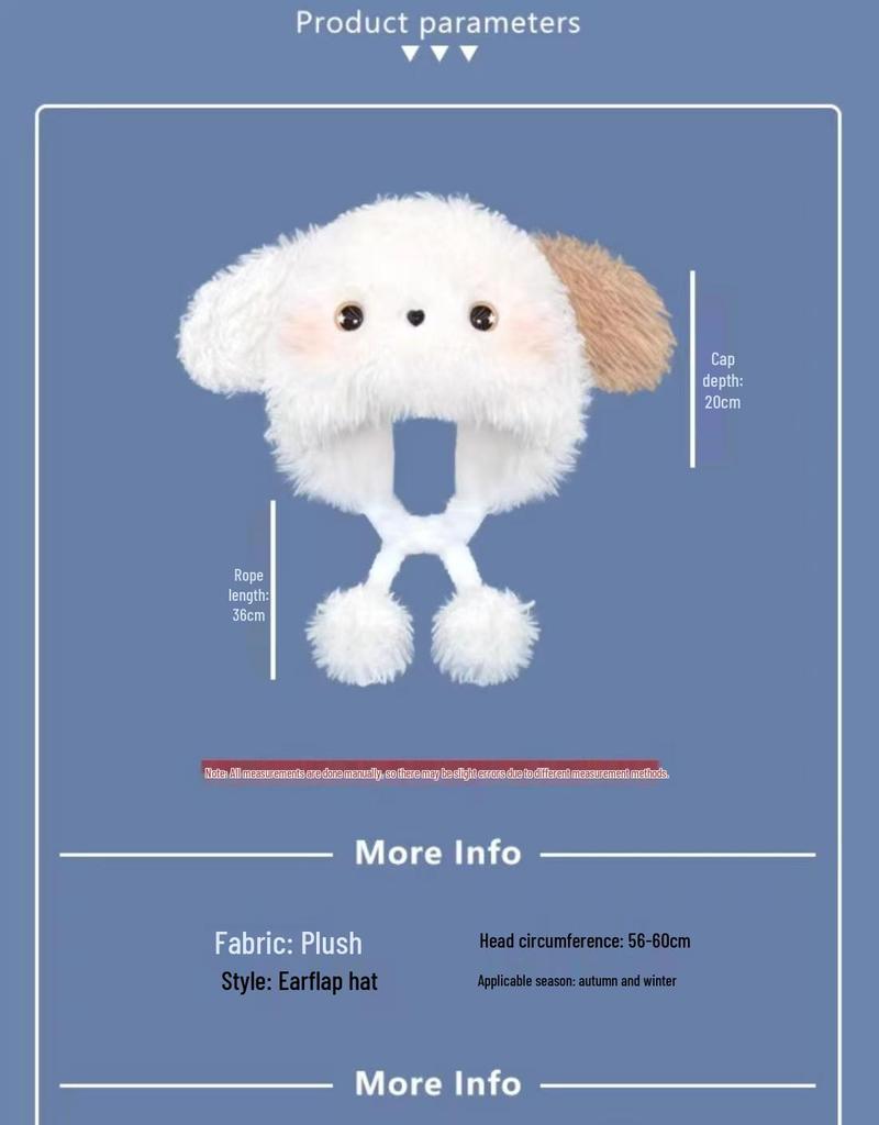 Urocza dwukolorowa pluszowa czapka szczeniaka z rumieńcami i nausznikami dla studentek