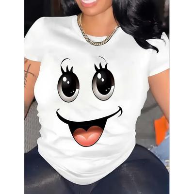 Europäische Größe Damen Reines - Polyester Weiß T-Shirt: Verzauberte Lächeln: Skurriles Augen-T-Shirt