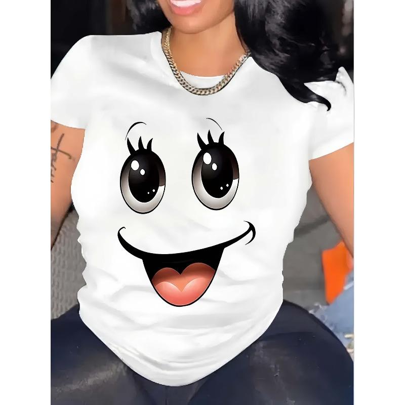 

European Size Women s Pure - Polyester White T - shirt: Charmed Smiles: Whimsical Eyes T-Shirt 4XL білий