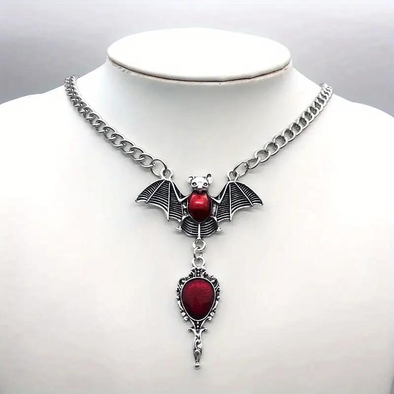 Gothic Exaggerated Red Drip Glaze Vampire Bat Magic Mirror Heart Coffin Cross Pendant Necklace for Women Halloween Party Jewelry