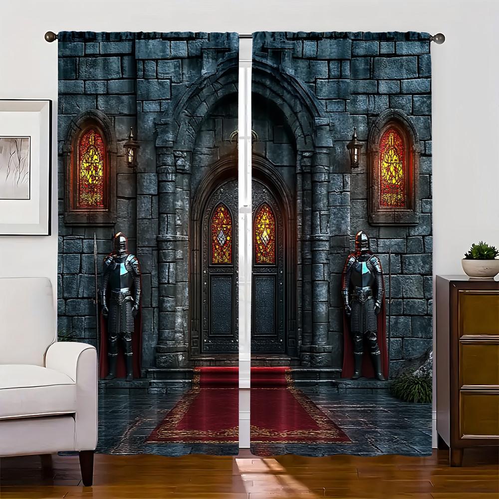2pc,  Curtains Medieval Castle Versatile 100% Polyester,Without Electricity Birthday Party Use for With Rod Pockets, Translucent