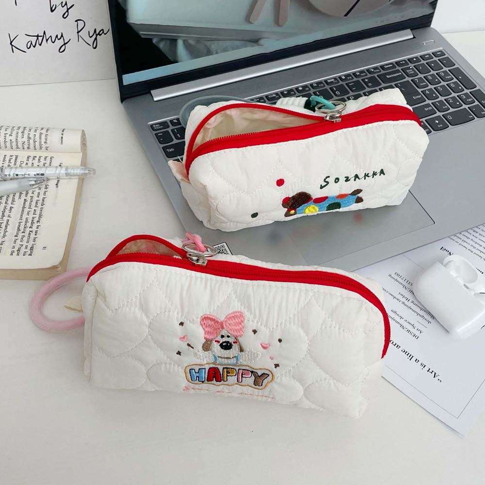 Lovely Embroidered Dog Puppy Stationery Bag With Pendant Rope Pencil Pouch  Student