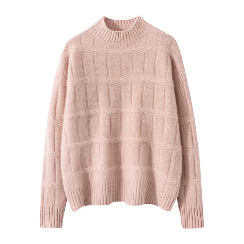 Women's 100% Cashmere Vintage Loose Fit Half High Neck Pullover - Thick, Warm Knit Sweater for Autumn/Winter.