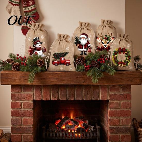 Portable Fabric Gift Holders Christmas Drawstring Bags, Small Festive Prints Burlap Treat Pouches for Durable Polyester Candy Jewelry And Party