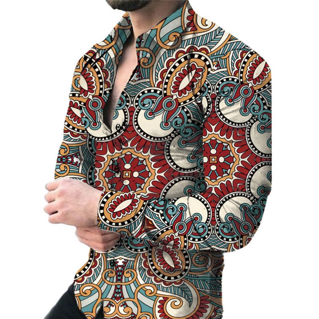 Luxuriöses Barock-Kettenprint Langarmhemd, Trendiges Mode-Oberteil für Herren