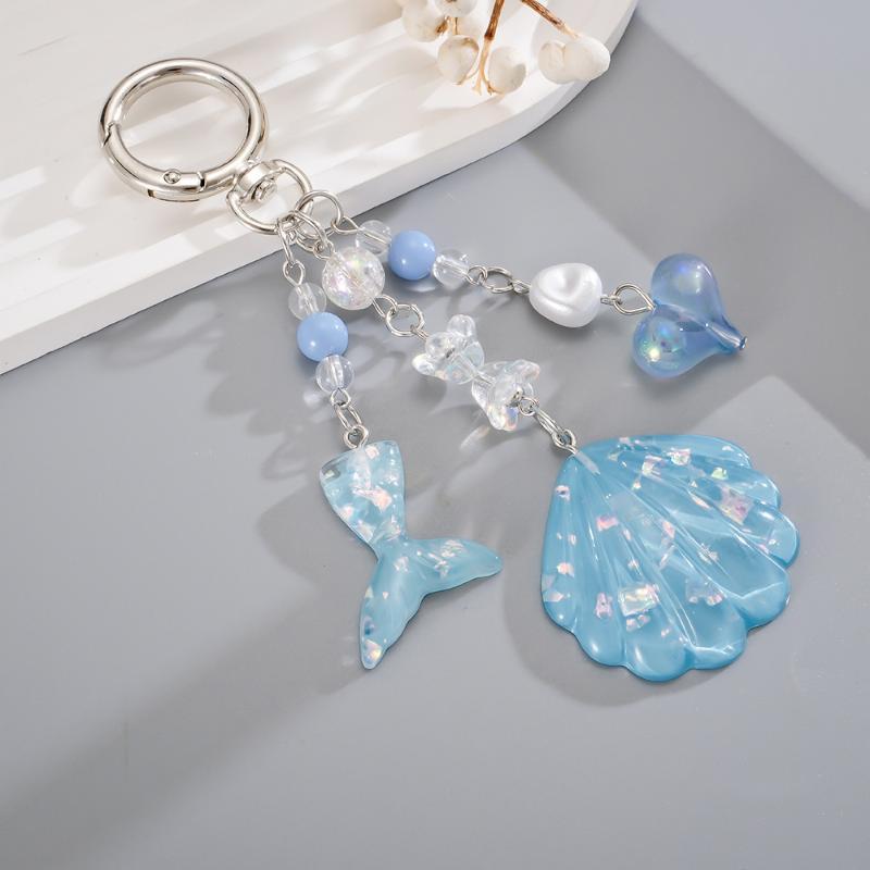 Cute Mermaid Tail Shell Keychain With Glitter Sequins Pearl Beads Purse Backpack Decoration Gift For Girls