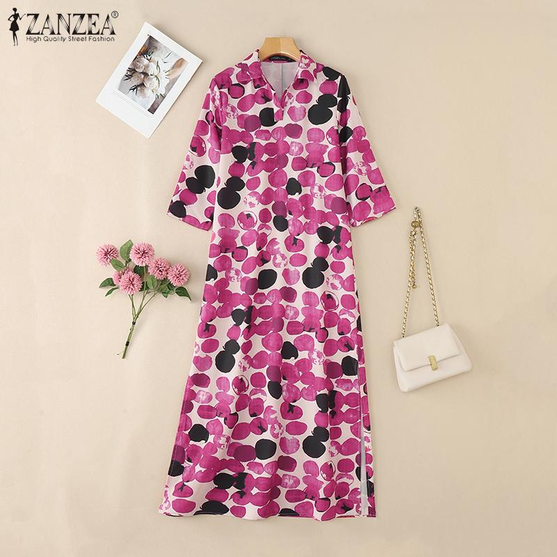 ZANZEA Women Turn Down Collar Long Sleeve Loose Print Shirt Dress