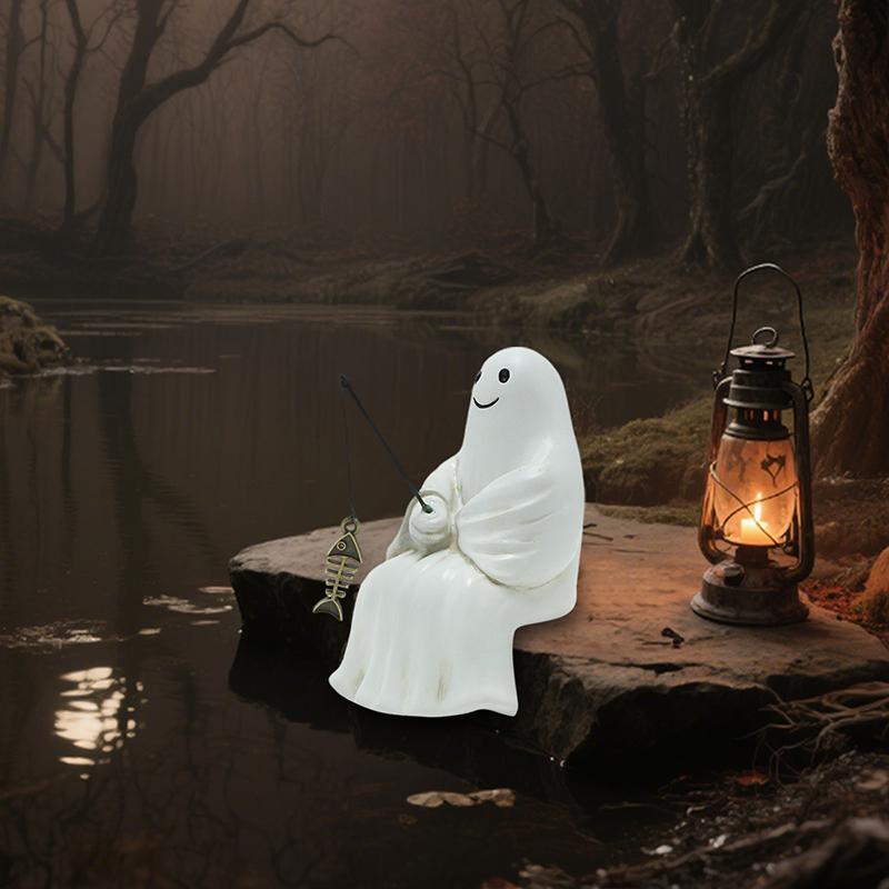 Fishing Ghost Statue Mini Ghost Figurines Halloween Gothic Decor Resin Cute Ghost Fisher Sculpture For Outdoor Garden Pond