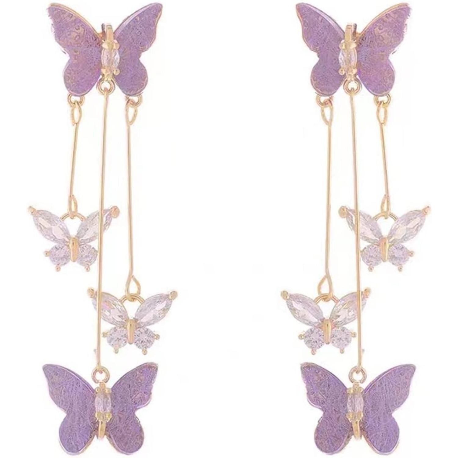 Purple Butterfly Earrings - Crystal Tassel Style Zircon Butterfly Jewelry
