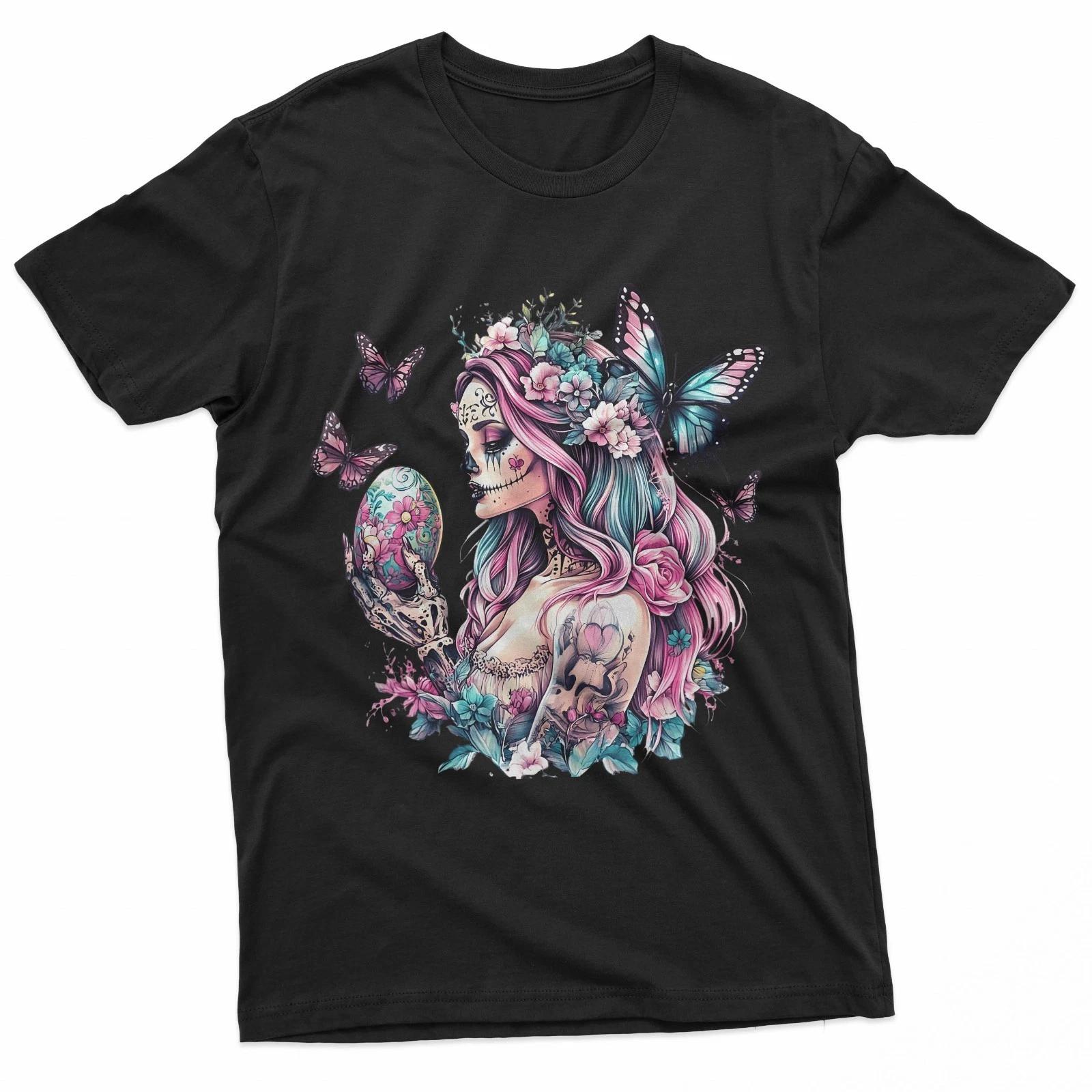 Floral Sugar Skull Girl Goth Shirt Occult Butterfly Hippie T-Shirt XL