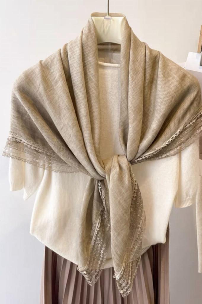 Beige Cotton Shawl with Lace - 100X100 , Natural Elegance