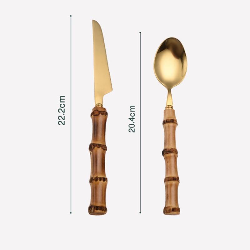 Hi Bamboo Handle Stainless Steel Cutlery Set Wooden Spoon and Fork Set Knife Minimalist Gold
