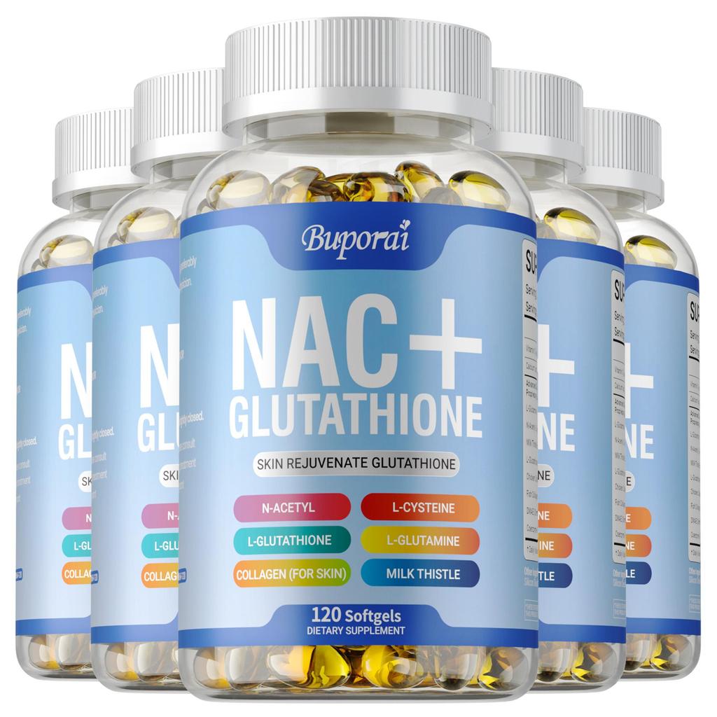 Capsule con Complesso NAC+ Glutatione, contenenti collagene, estratto di cardo mariano, antiossidante, adatte agli adulti.