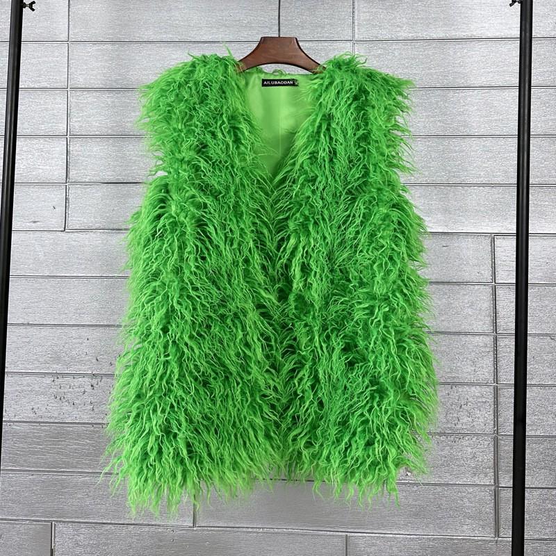 Plus Size Faux Shearling Vest Mid-Length Fur Coat Warm Sleeveless Jacket Women