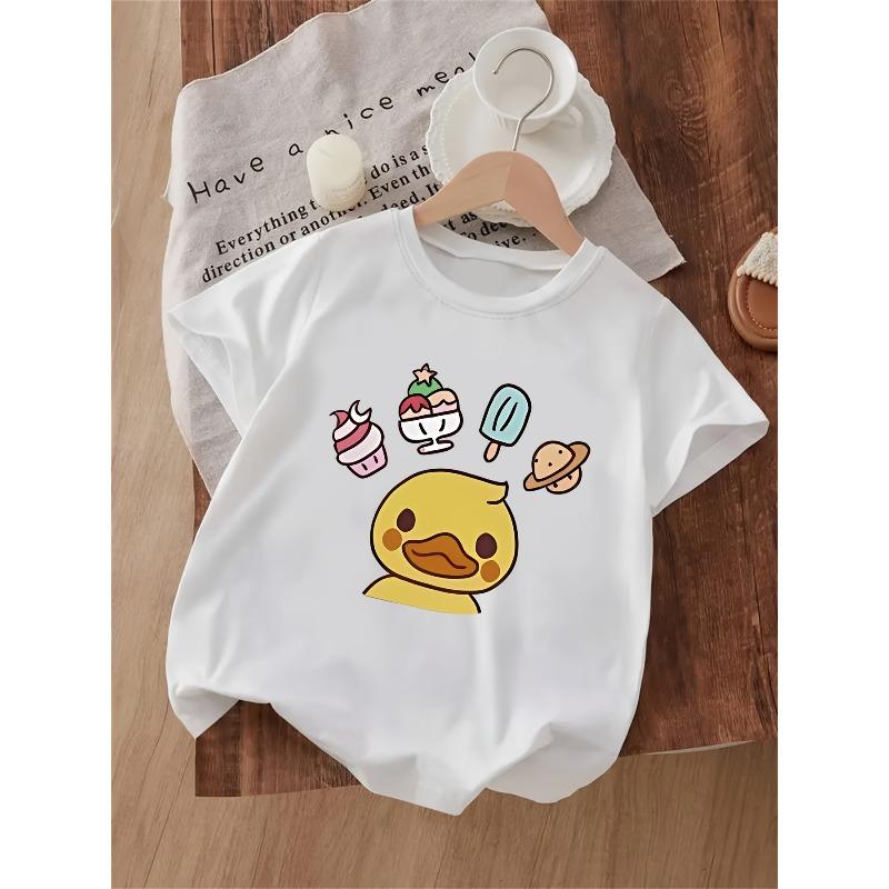 European sizes Cute Duck And Ice Cream Pattern Print Round Neck T-Shirt for Girls Aged 1-10, Perfect for Outdoor Walks And a Great Summer Gift Option