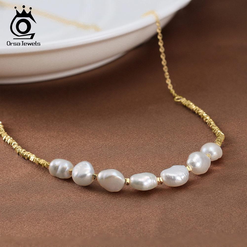 ORSA JEWELS Vintage 925 Sterling Silver Nugget Chain Necklace Natural Freshwater Pearl Choker Necklace Jewelry for Women GPN69