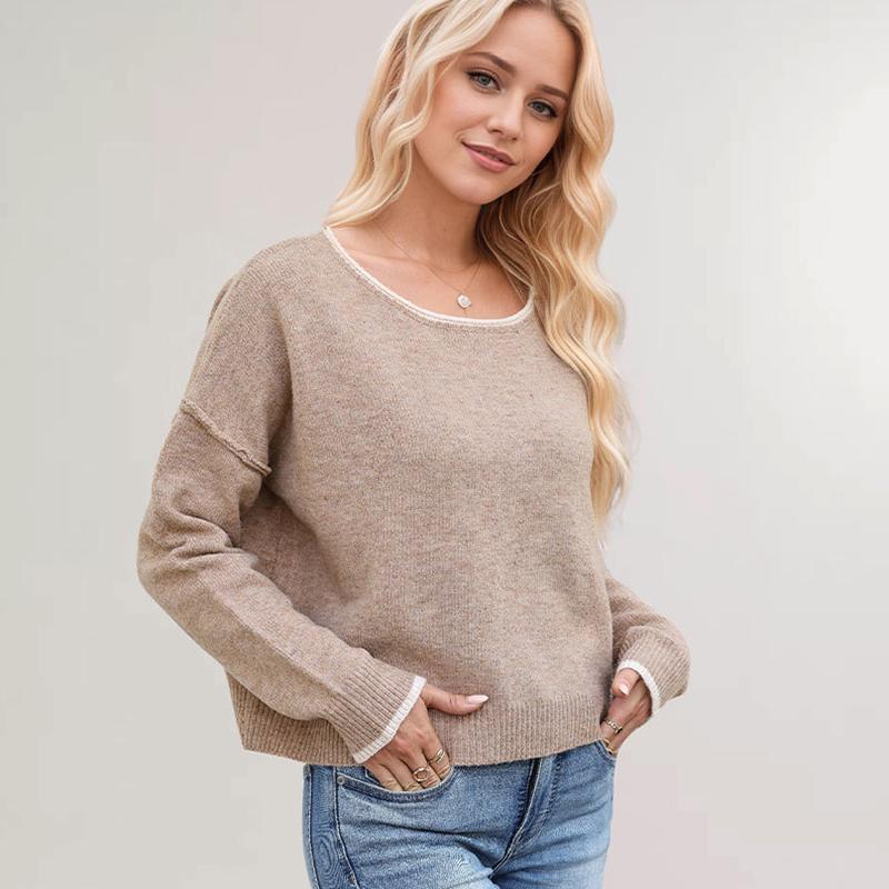 Ladies Autumn Winter Long Sleeve Round Collar Solid Color Pullover Knitted T Shirt Knitwear Top