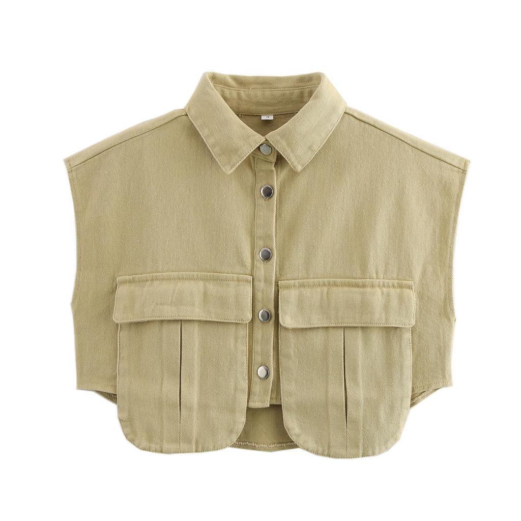 Women's Patchwork Irregular Polo Collar Denim Cardigan Top