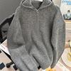 Herrtröja med halv dragkedja och huva - Avslappnad löst stickad för höst och vinter