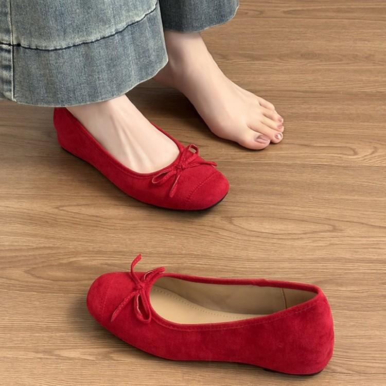 Sheepskin Version~ Genuine Leather Spring New Inner Height Increase Ballet Shoes Women's Gentle Bow Shallow Mouth Single Shoes Doudou Shoes
