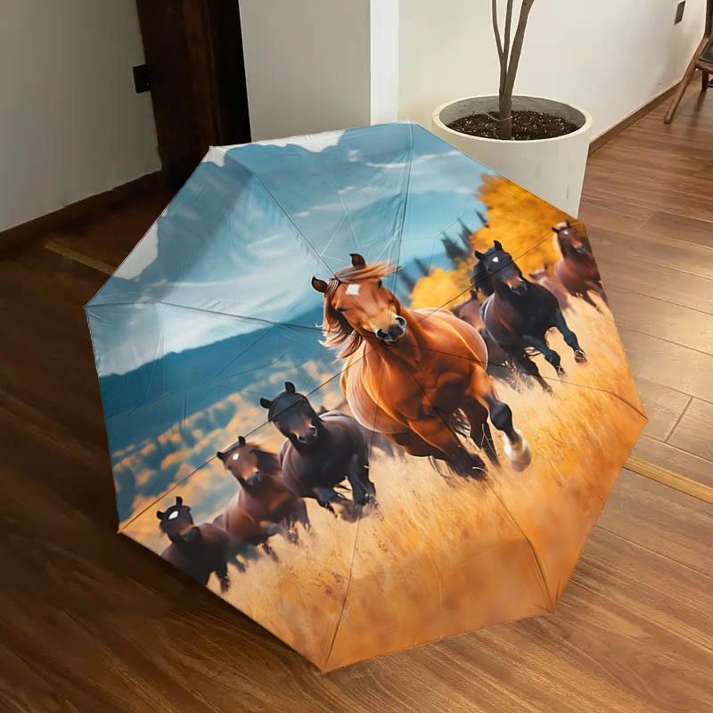 

Galloping Freedom: Horse-Themed Outdoor Umbrella with Automatic Opening & Closing, Foldable Design, Iron Frame - Perfect for Fans, Travelers