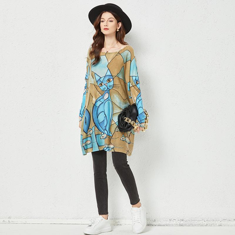 Spring and Autumn Women's Knit Dress Animal Print Sweater Casual Pullover Top Plus Size Loose Knit Sweater