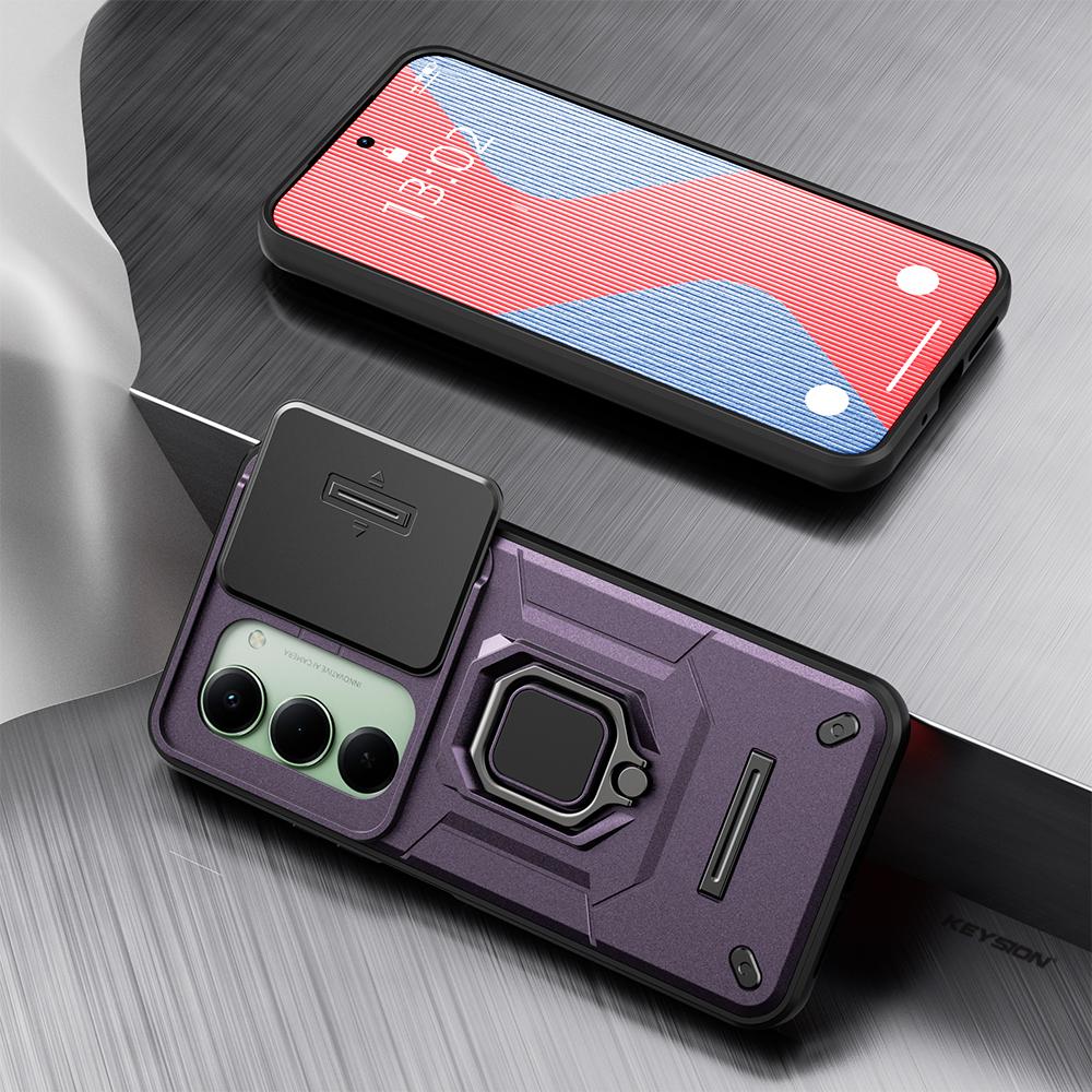 KEYSION Shockproof Armor Case for Redmi 15 169.5mm 171mm Slide Camera Lens Protection Metal Ring Stand Phone Cover for Redmi 5G